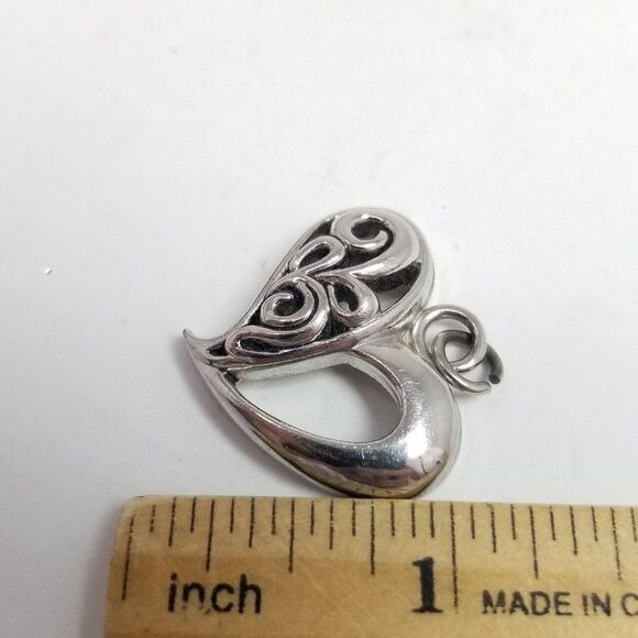 Vintage Heart Pendant Charm, Scroll Open Work Design, Silver Tone, Estate - Picture 4 of 6